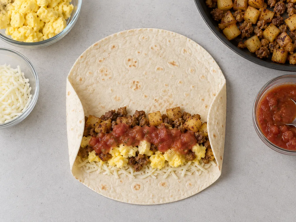 A partly folded tortilla holds cheese beneath eggs, potato, sausage and salsa.