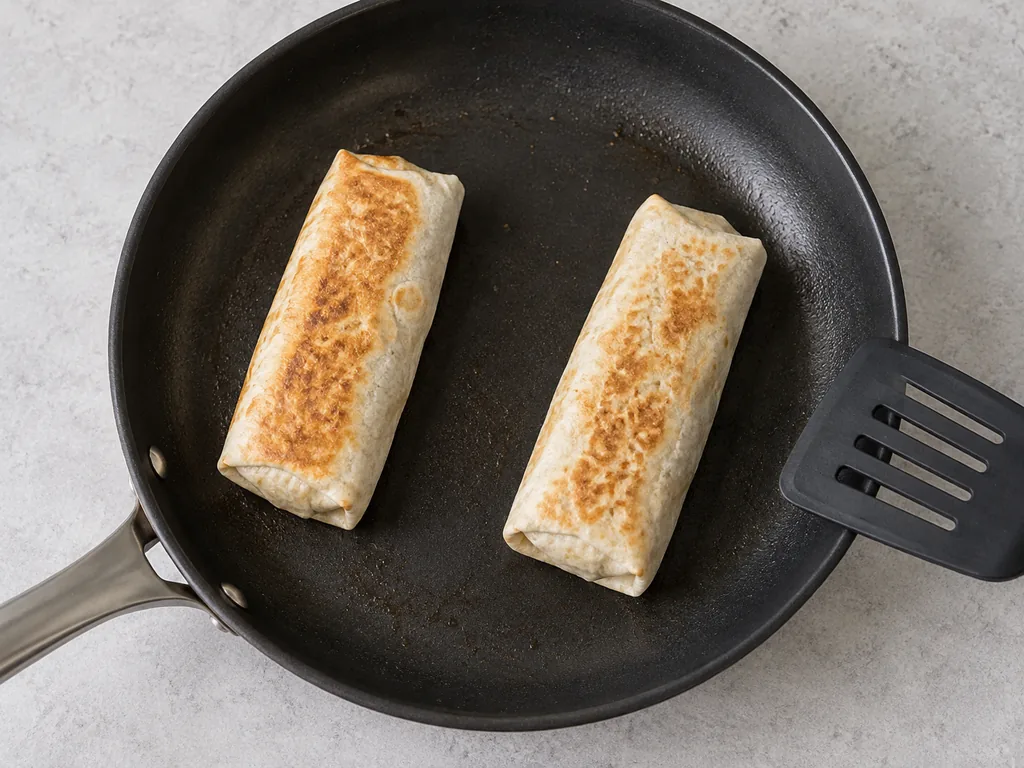 Two rolled burritos show golden seared sides while spaced apart in a skillet.