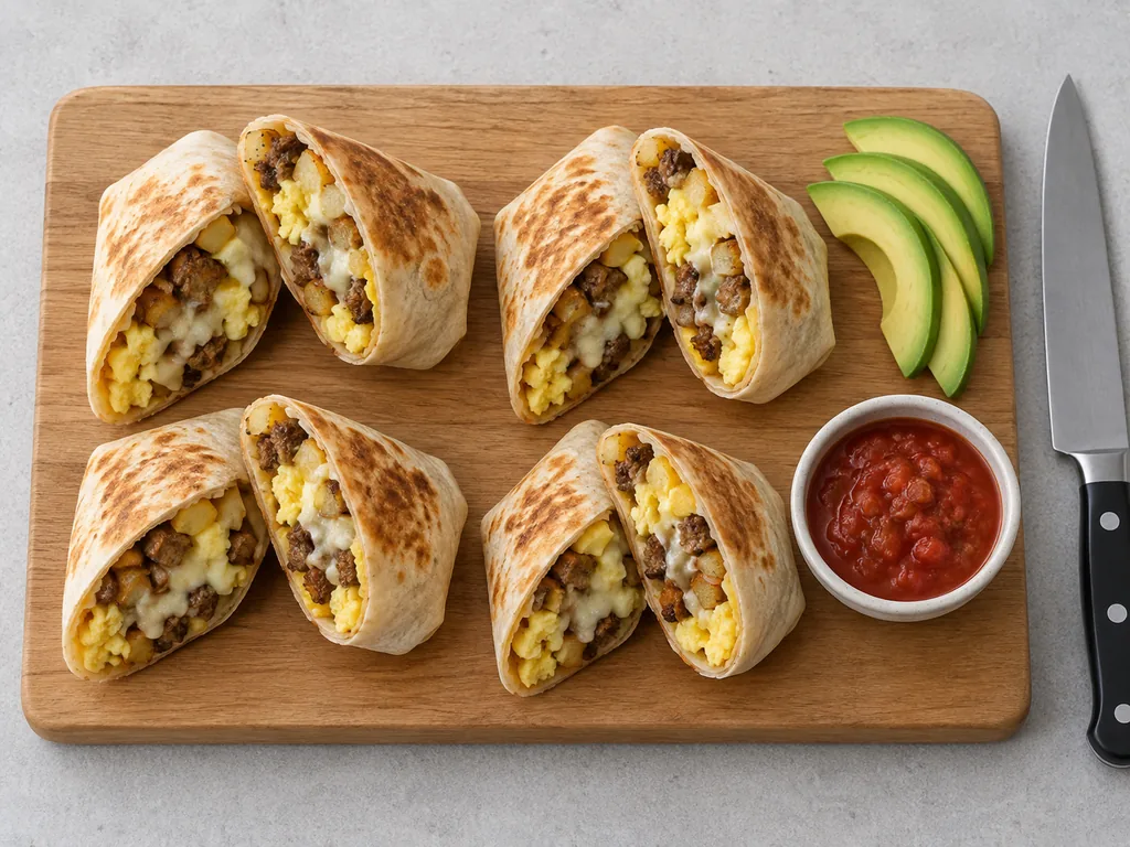 Diagonal burrito halves reveal egg, potato, sausage and cheese beside avocado and salsa.