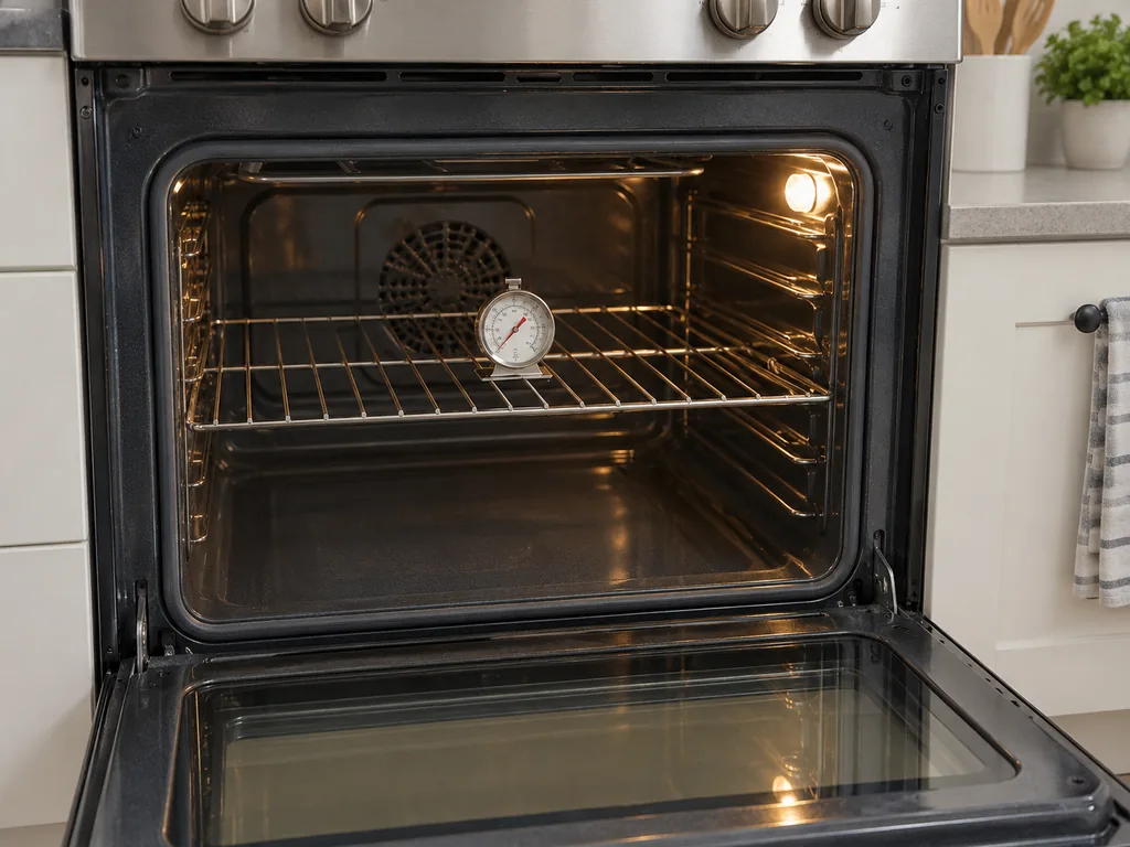 An empty open oven shows its middle rack with a small oven thermometer.