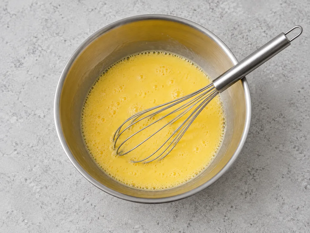 A whisk rests in uniformly yellow beaten eggs inside a stainless mixing bowl.