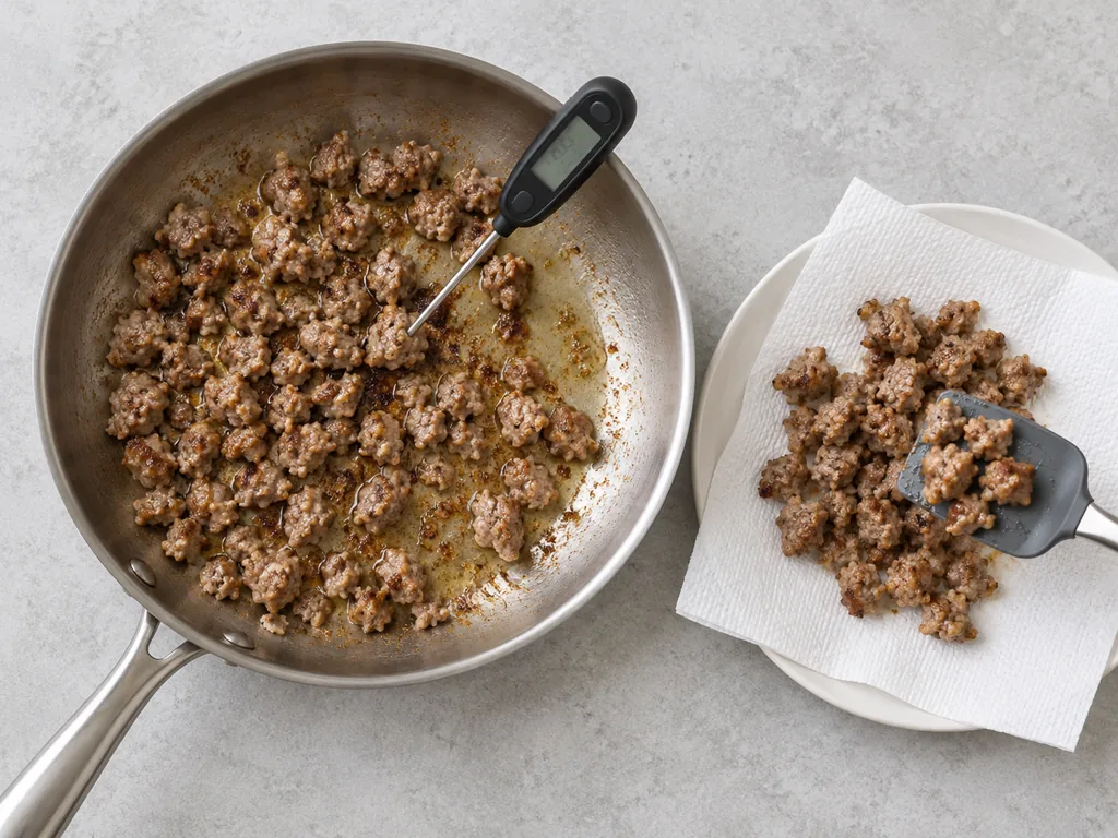 Browned sausage crumbles drain onto paper towels while a thermometer checks meat in the skillet.