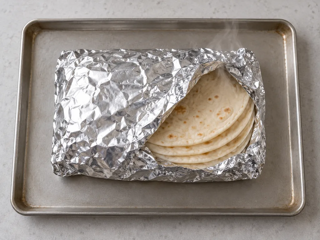 Soft flour tortillas remain stacked inside an opened steaming foil packet on a tray.