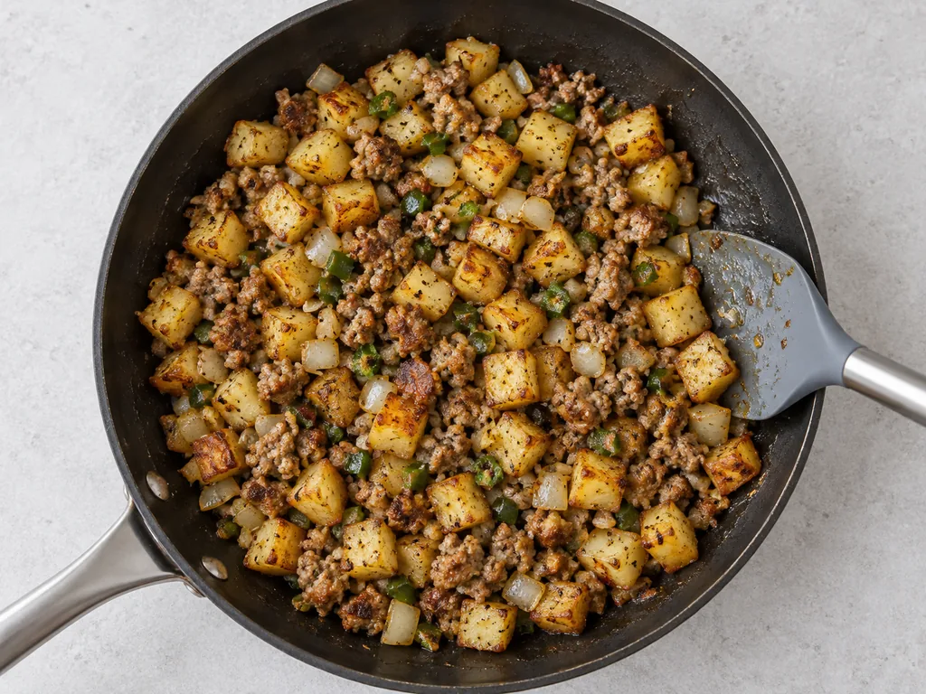 Golden potato cubes mix with browned sausage, softened onion and jalapeno in a skillet.