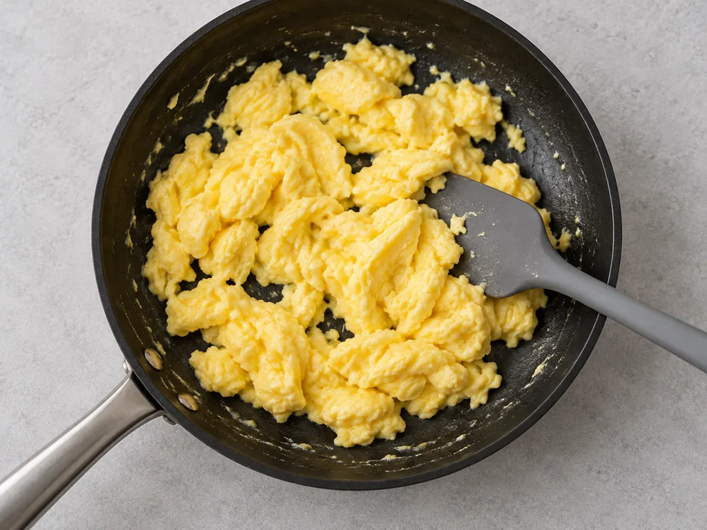 A spatula folds large soft scrambled egg curds in a black nonstick skillet.