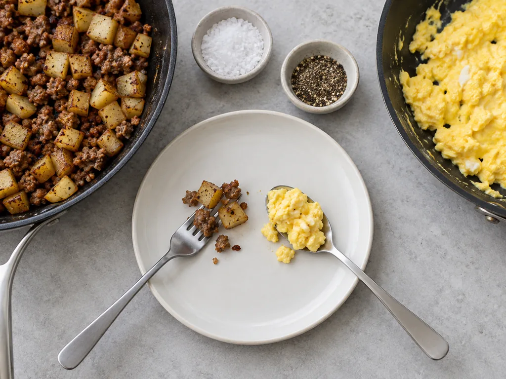 A tasting plate holds potato, sausage and egg samples between two skillets.