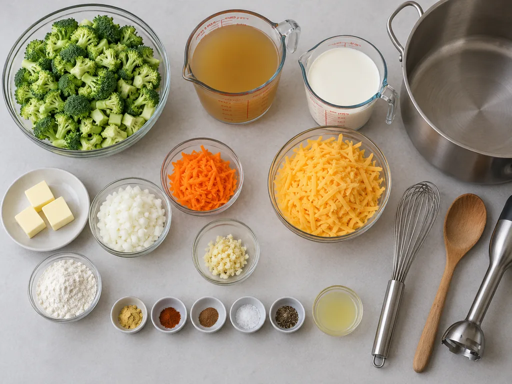 Measured soup ingredients surround grated cheddar and chopped vegetables on a light counter.