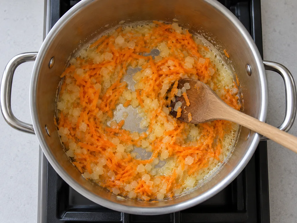 Translucent onion and grated carrot soften in melted butter inside a steel pot.