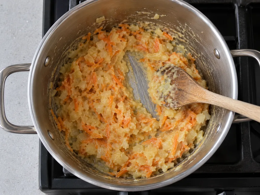 A wooden spoon leaves a track through vegetables coated in moist pale roux.