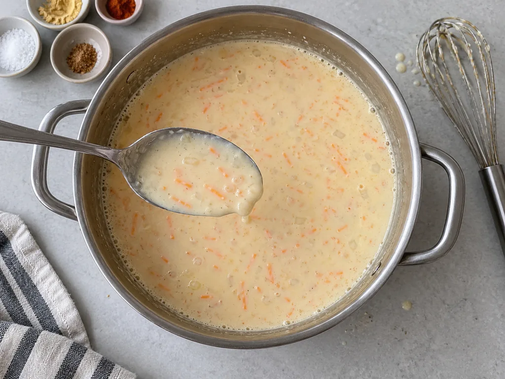 Creamy soup coats a lifted spoon while small bubbles gather along the pot edge.