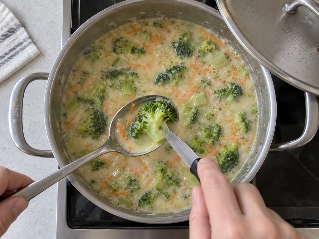 A knife enters a tender broccoli stem above the gently simmering creamy soup.