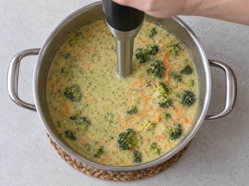 An immersion blender sits submerged in partially blended soup with many whole broccoli florets.