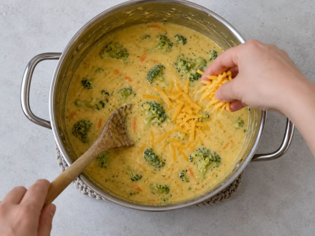 A small handful of grated cheddar joins smooth broccoli soup in an unheated pot.