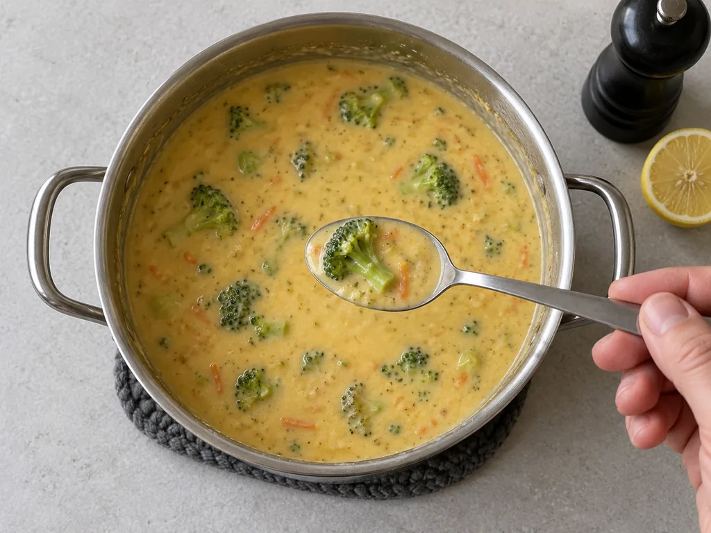 A tasting spoon holds a tender broccoli floret coated in smooth cheddar soup.