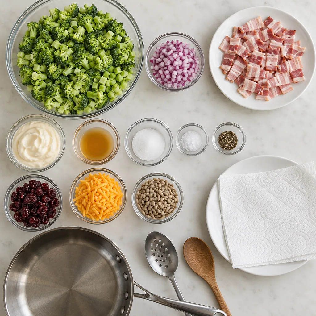 Cut broccoli, bacon and measured salad ingredients with a paper-towel-lined draining plate ready.