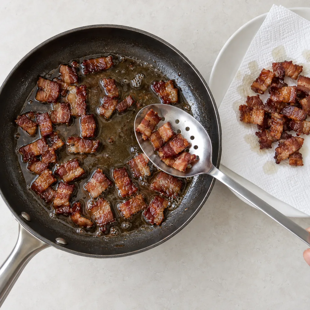 Crisp deep-brown bacon pieces lifted from rendered fat onto paper towels.