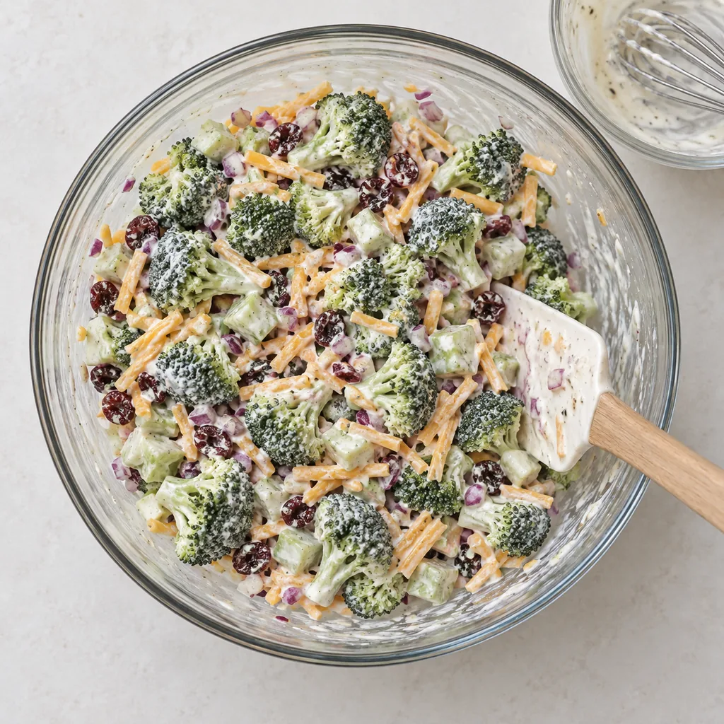 Broccoli, stem dice, red onion, cranberries and shredded cheddar evenly coated with creamy dressing.