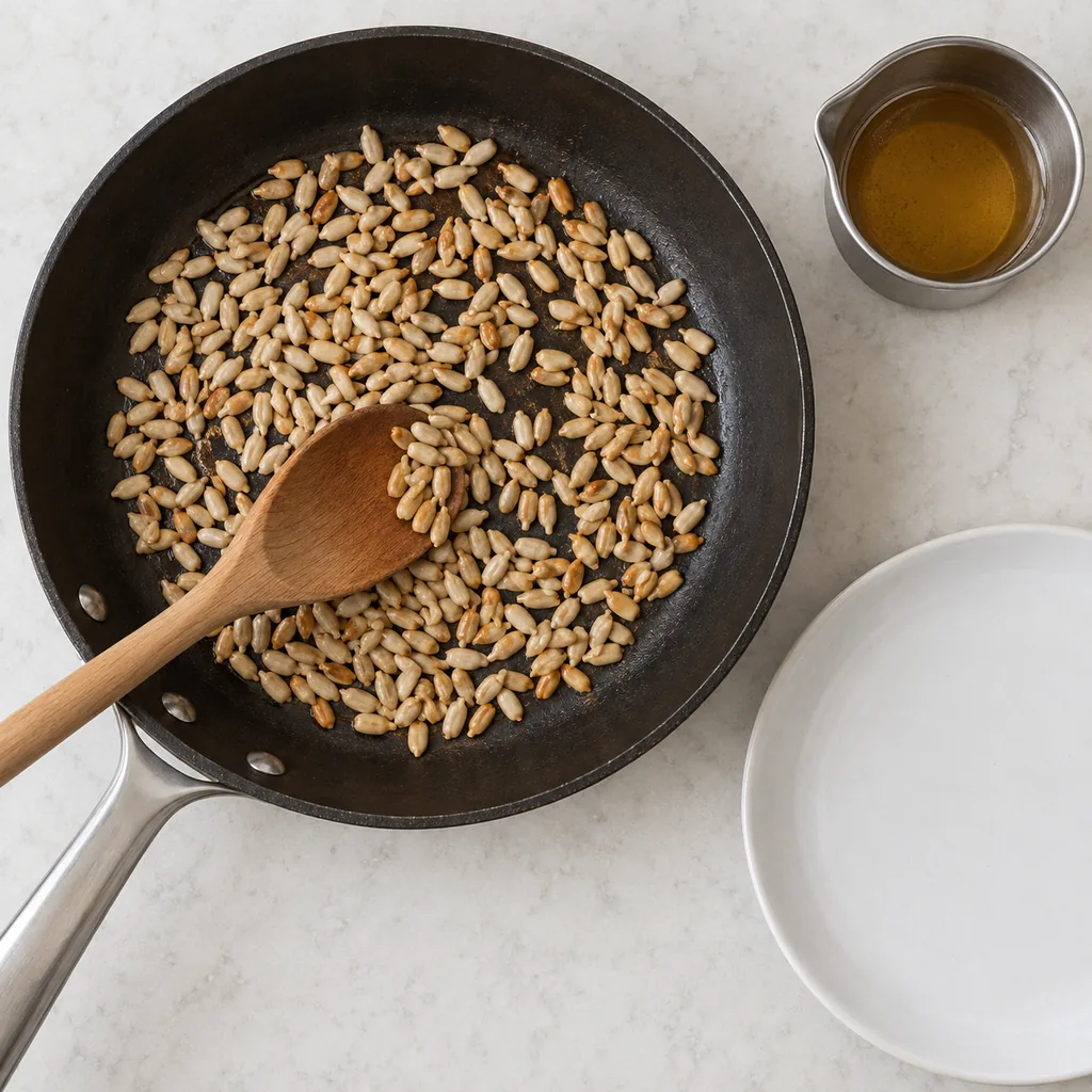Hulled sunflower seeds lightly toasted in the wiped skillet with bacon fat reserved separately.