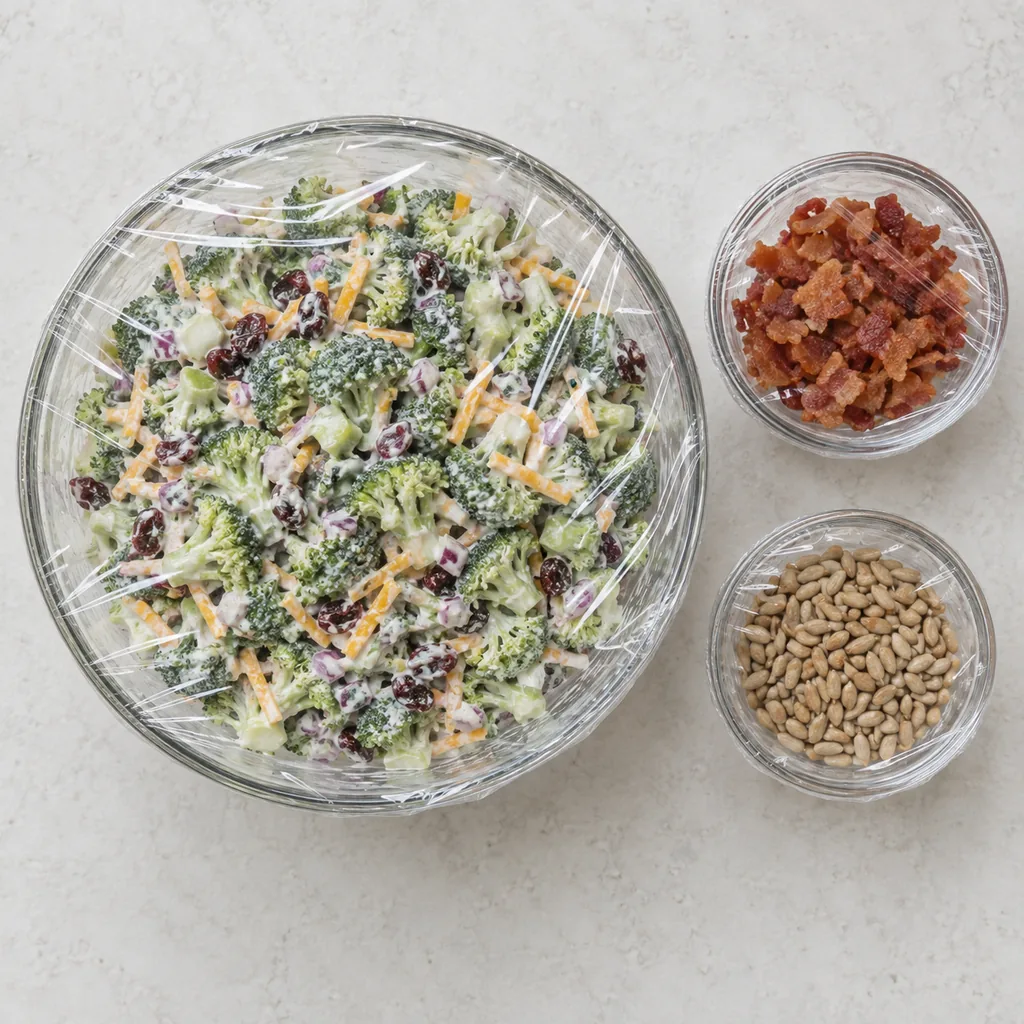 Covered dressed broccoli salad with bacon and toasted sunflower seeds held separately.