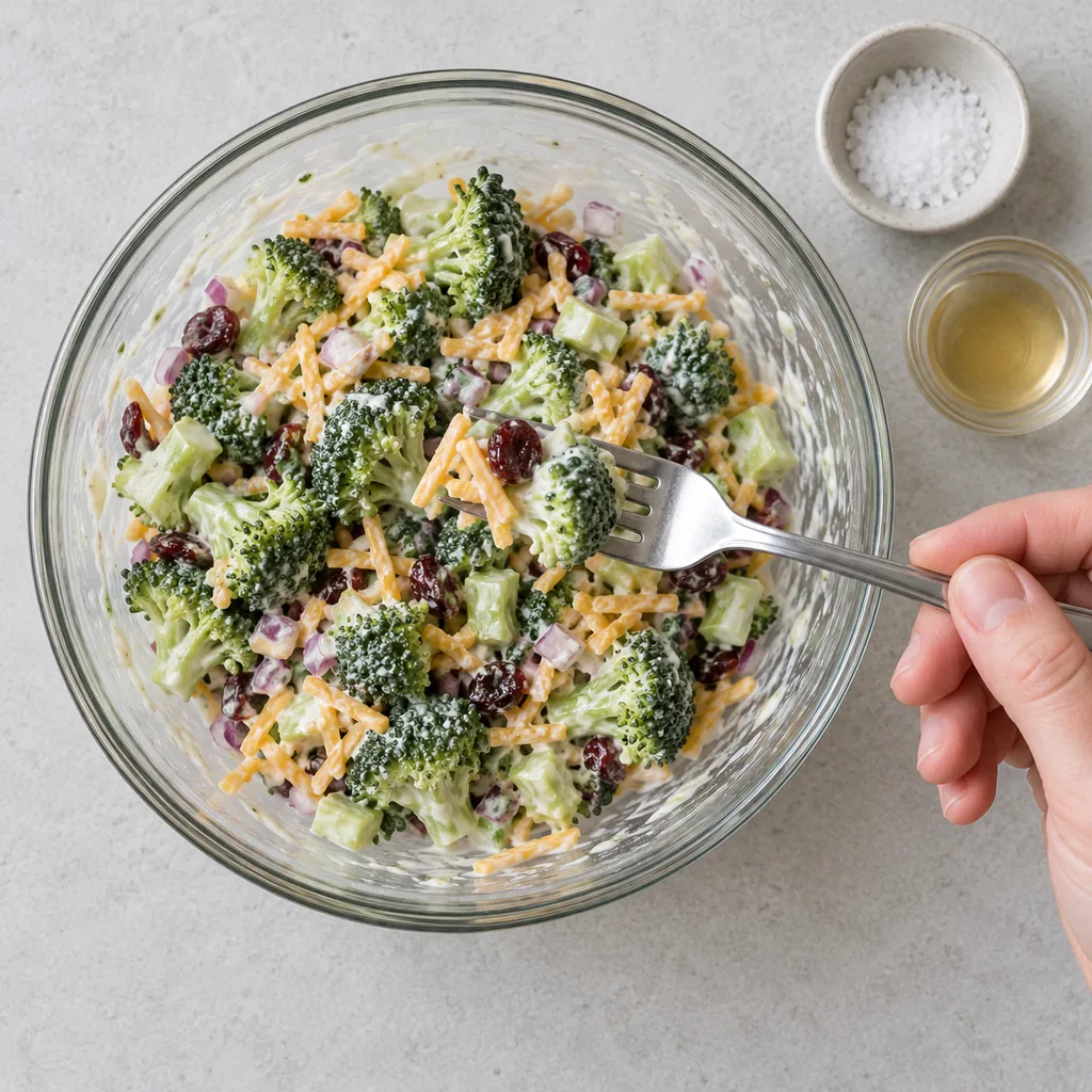 A forkful of dressed broccoli, cranberry and cheddar ready to taste, with salt and vinegar nearby.