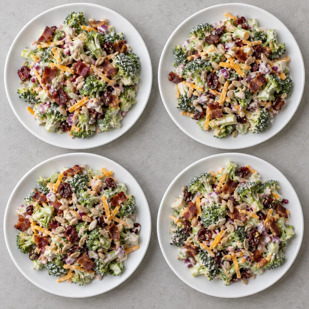 Four portions of broccoli salad with crisp bacon and toasted sunflower seeds added just before serving.