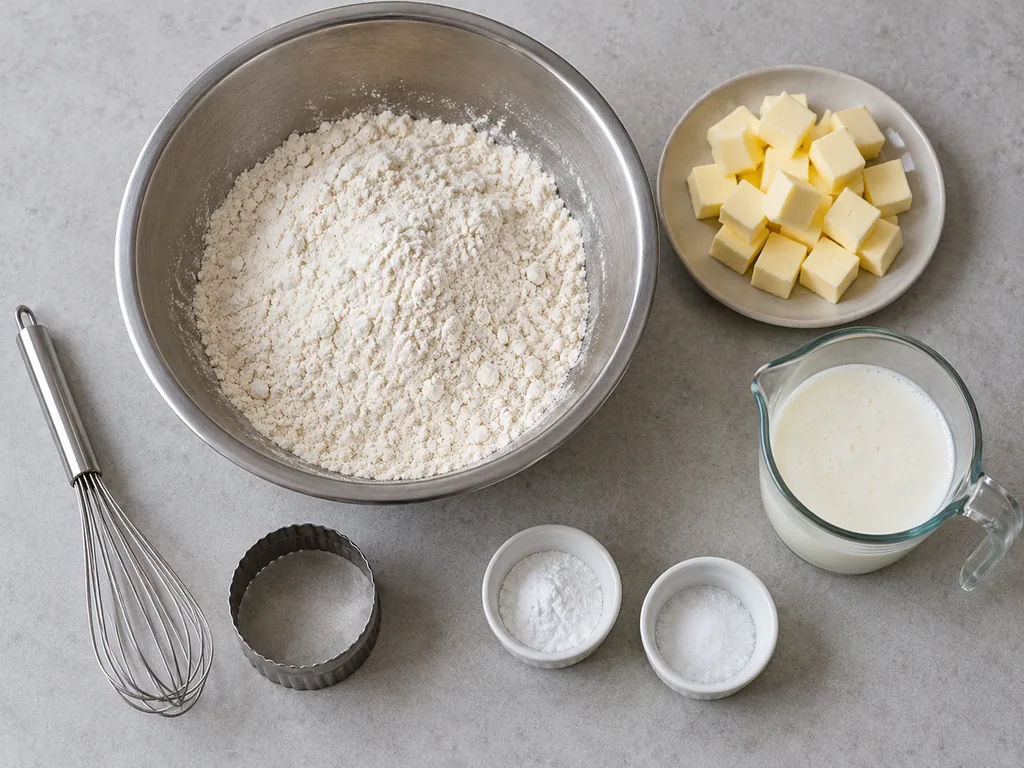 Measured flour, butter cubes and buttermilk sit beside a whisk and biscuit cutter.