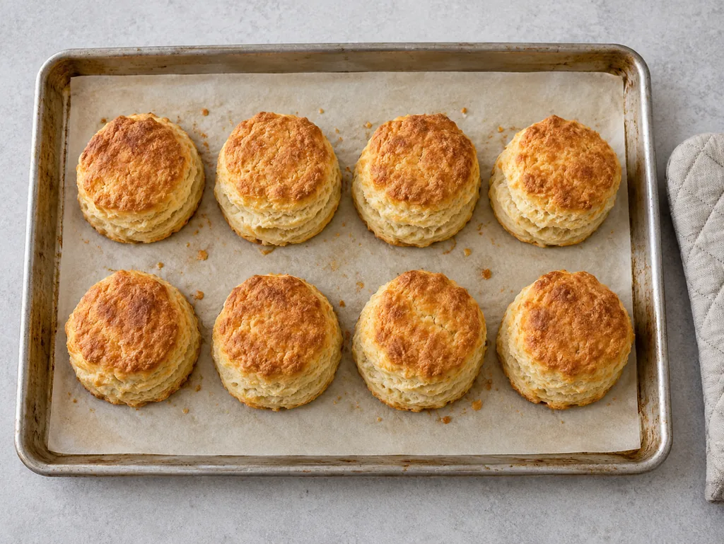 Eight tall golden biscuits show flaky sides on a parchment-lined baking sheet.