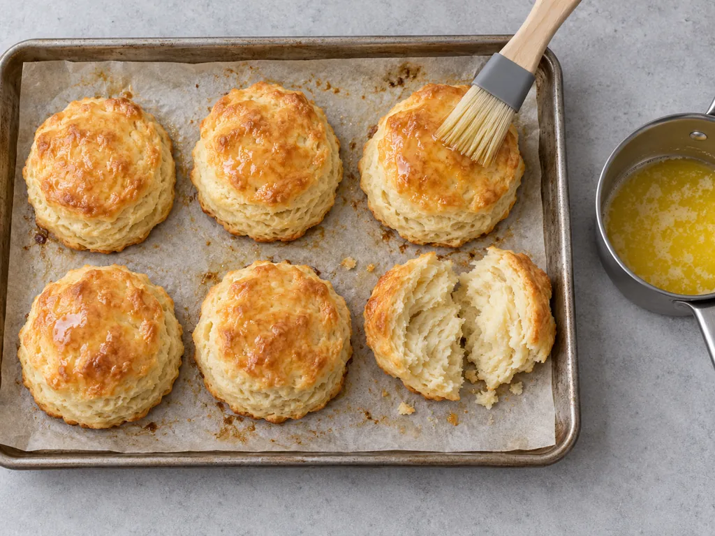 A pastry brush coats golden biscuit tops beside one split biscuit revealing soft layers.