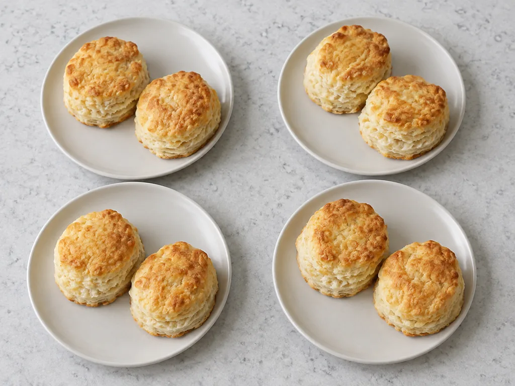 Four white plates each hold two golden biscuits with visibly flaky sides.