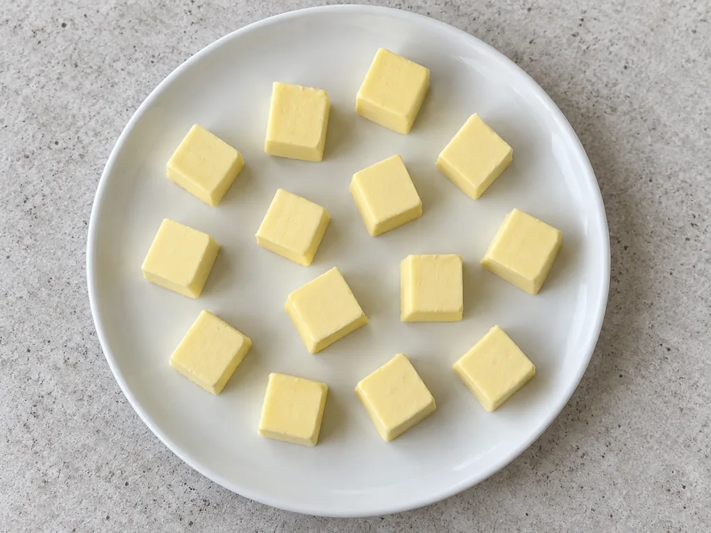 Firm butter cubes lie separately in one layer on a plain white plate.