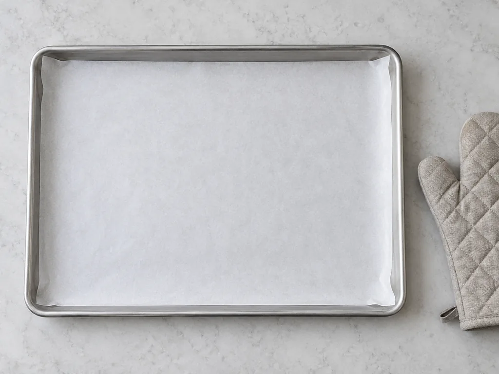 White parchment neatly lines an empty baking sheet beside a plain oven mitt.