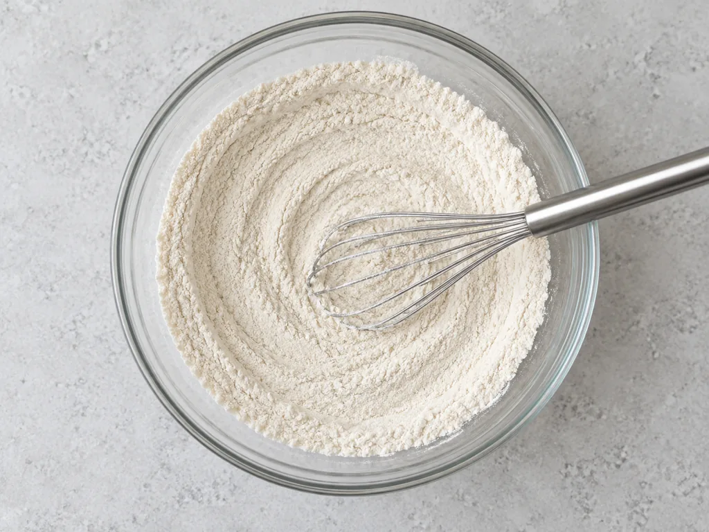 A whisk leaves mixing tracks in evenly blended dry flour inside a glass bowl.