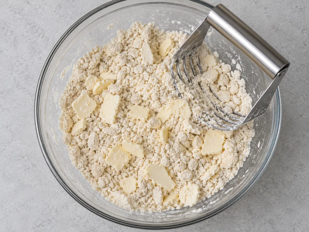 Flat butter flakes remain visible in coarse flour beside a pastry blender.
