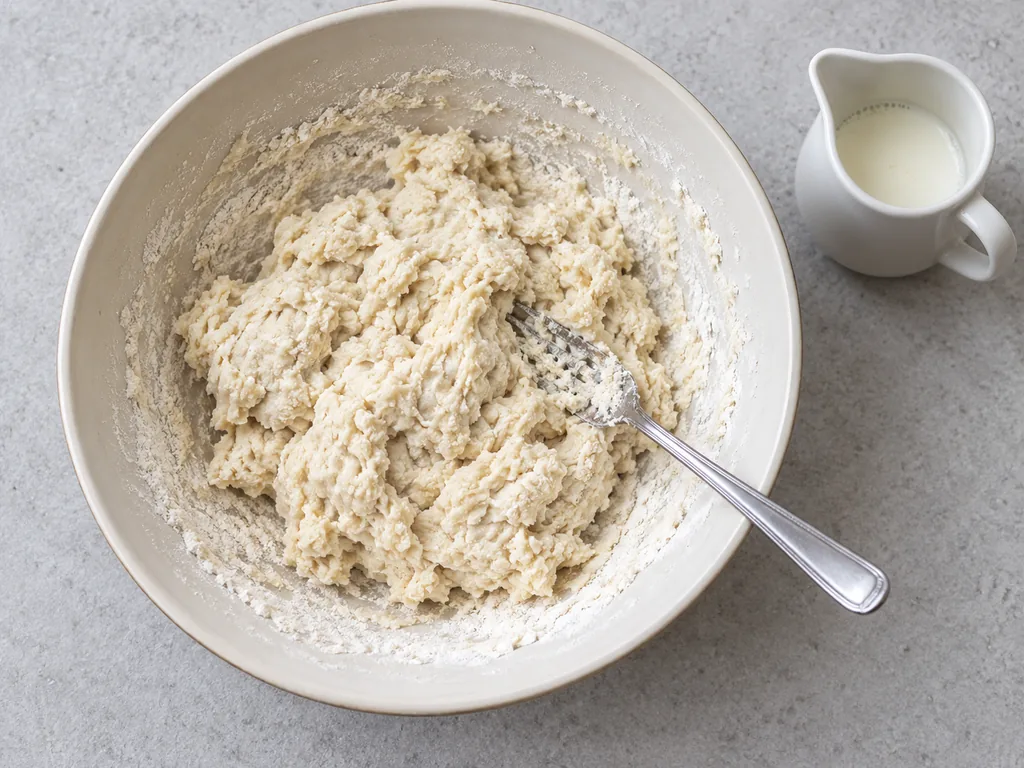 A fork rests in rough sticky biscuit dough beside a small buttermilk jug.
