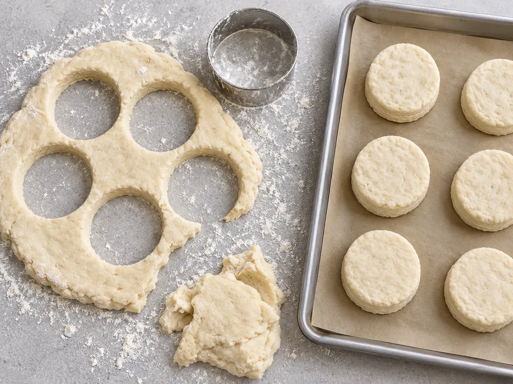 A metal cutter sits beside dough cutouts and thick raw rounds on a lined tray.