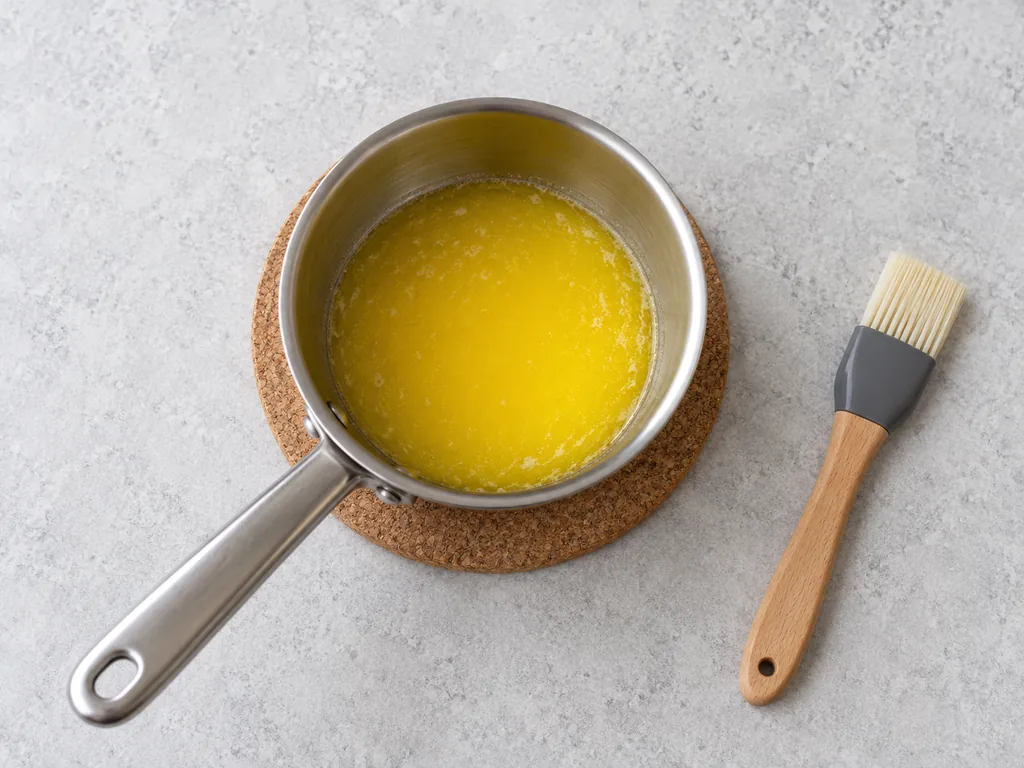 Fully melted yellow butter fills a small saucepan beside a pastry brush.