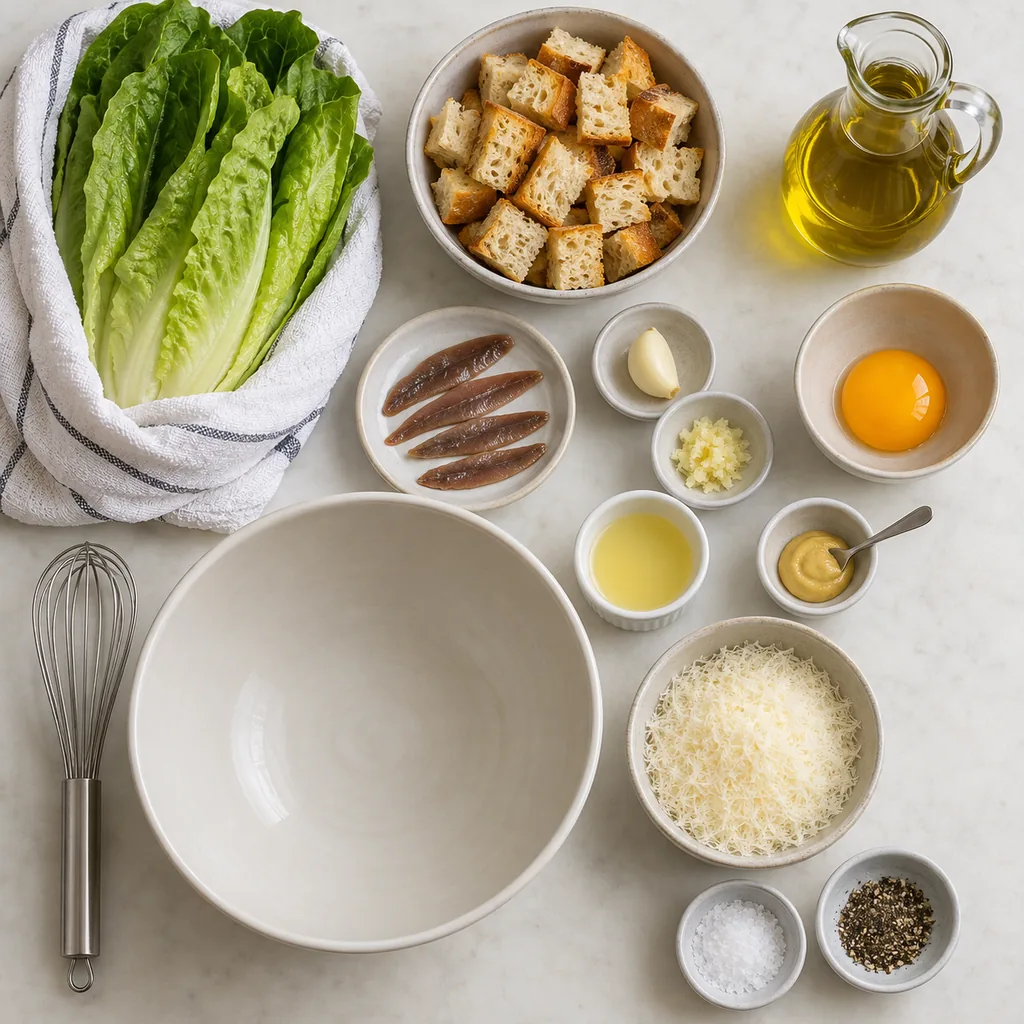 Dry romaine and measured Caesar salad ingredients ready to use.