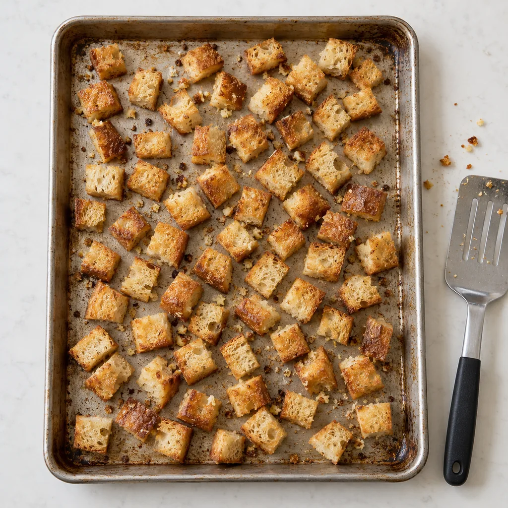 Golden crisp croutons tossed with grated garlic and cooling on the pan.