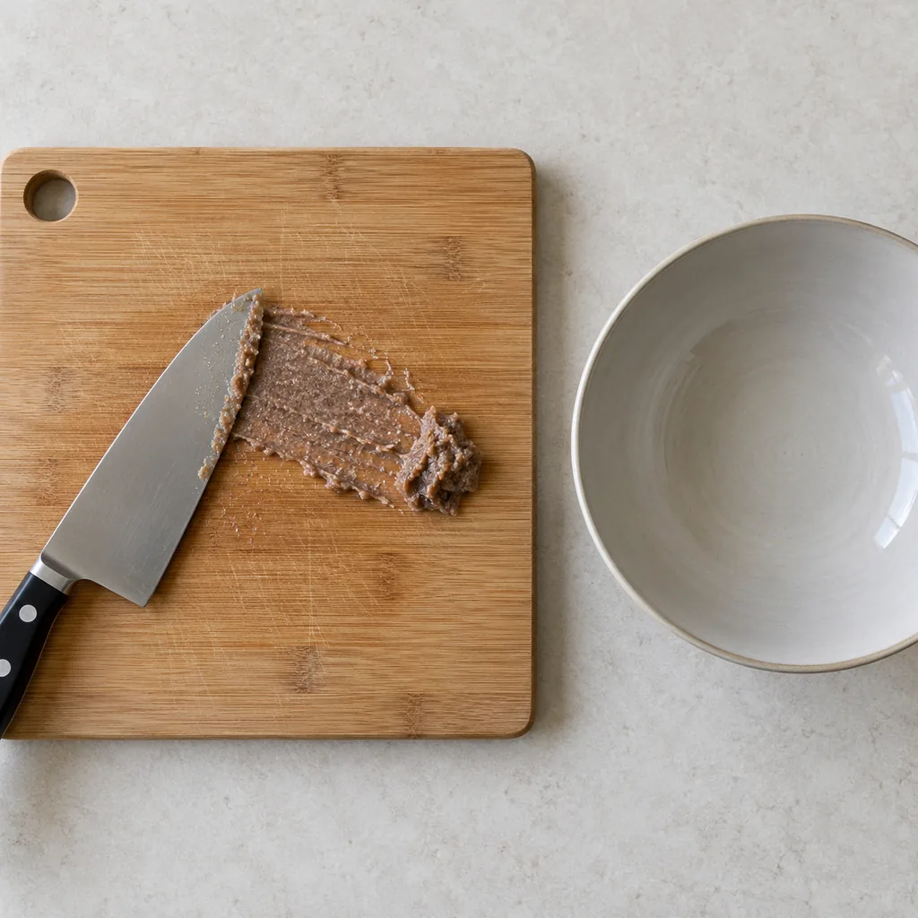 Garlic and anchovies pressed into a smooth paste.