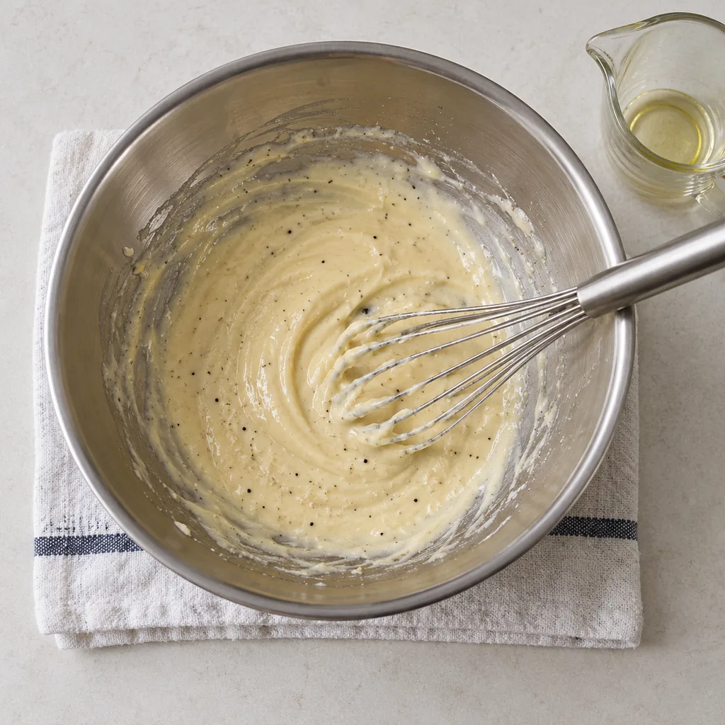 Caesar dressing whisked thick and glossy with grated cheese and pepper.