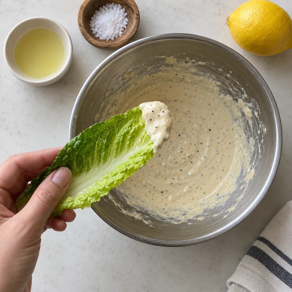 Dressing tasted on a romaine leaf before adjusting salt and lemon.