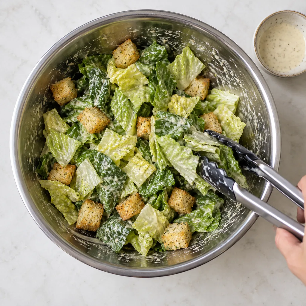 Torn romaine and golden croutons lightly coated with dressing in a mixing bowl.