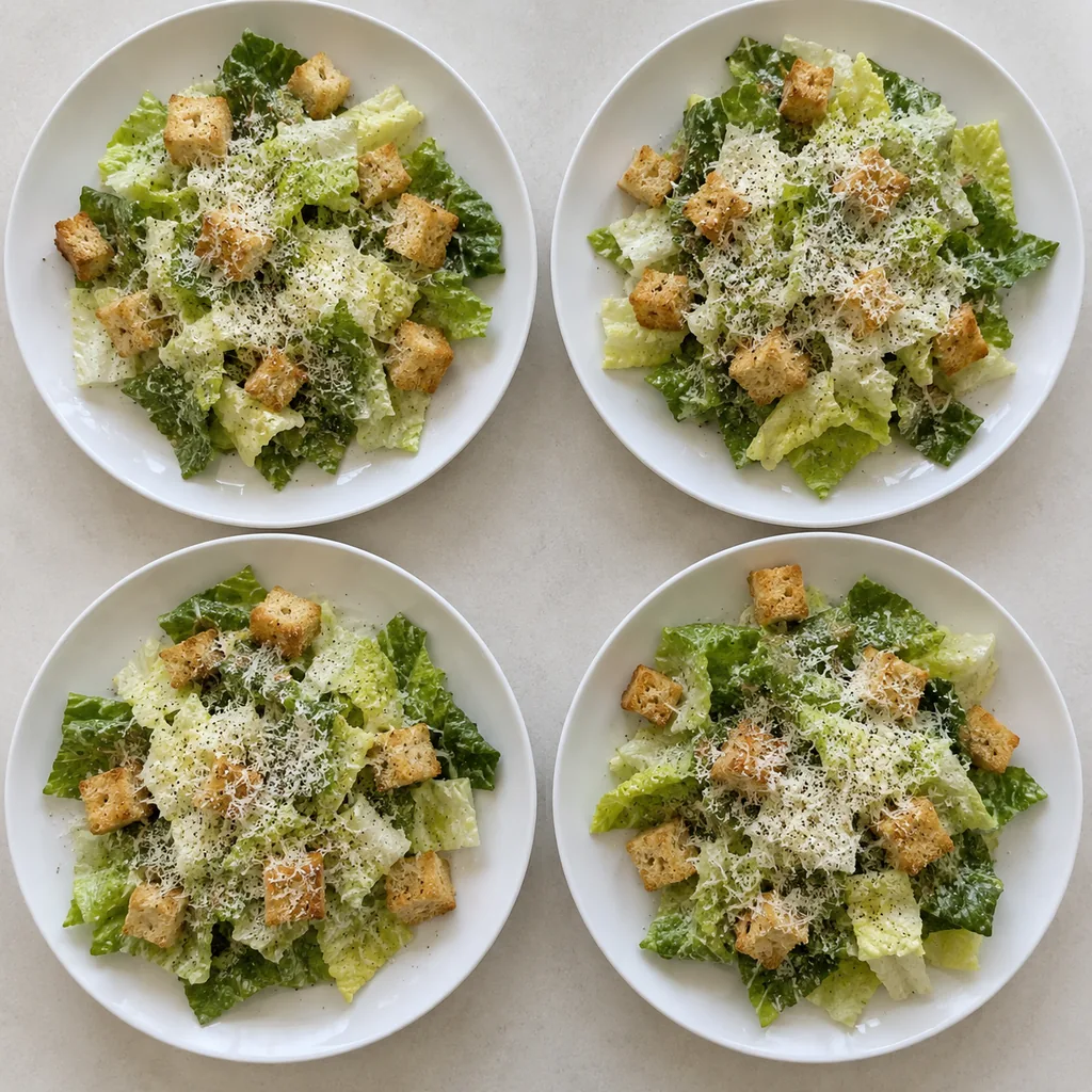 Four plates of Caesar salad finished with finely grated Parmigiano and black pepper.