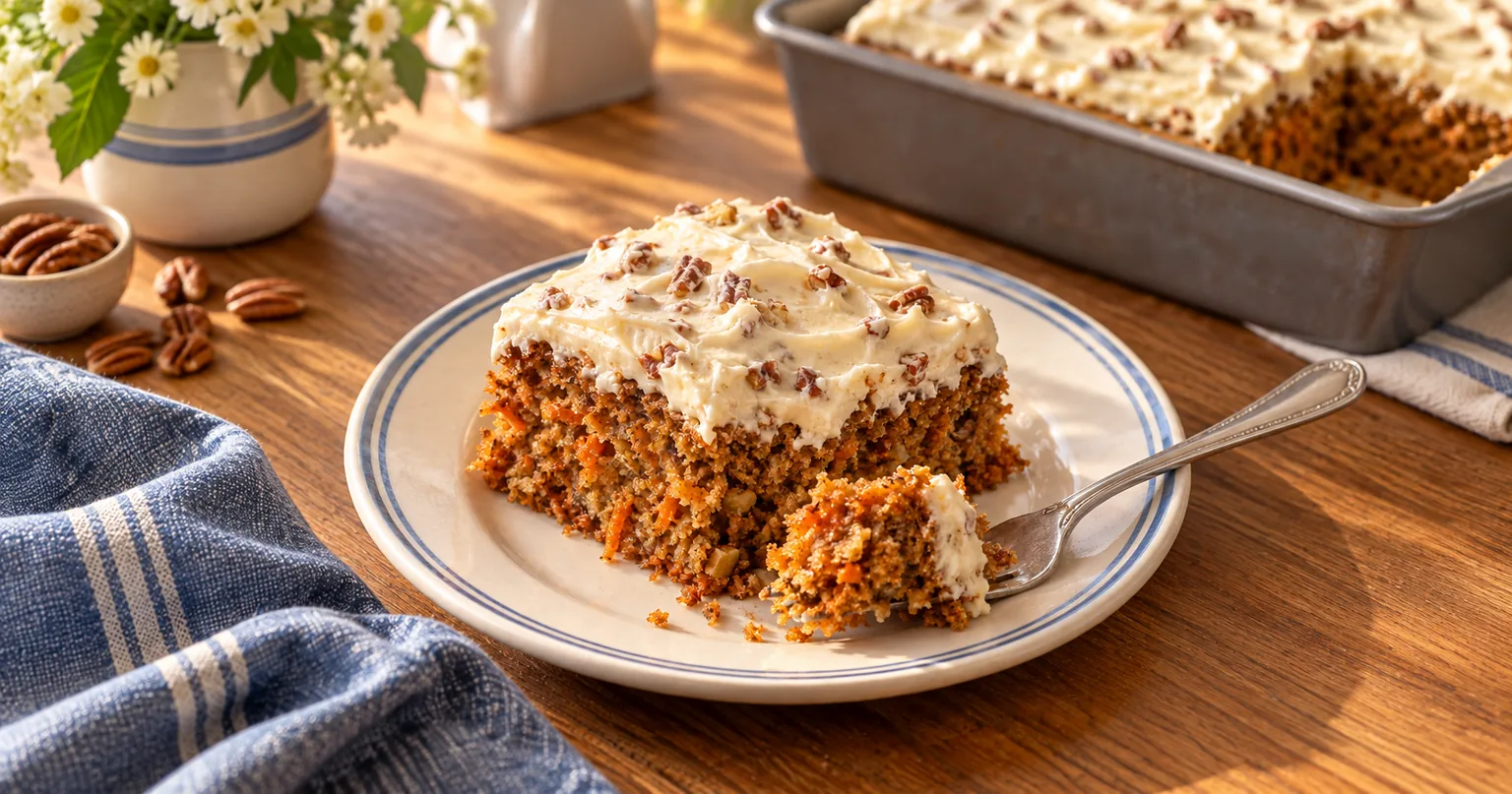 Carrot and Pecan Cake served in a styled dish.
