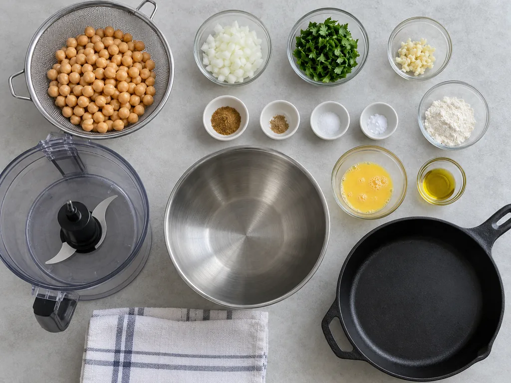 Drained chickpeas, chopped vegetables and measured seasonings surround an empty mixing bowl and skillet.