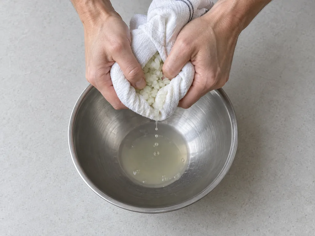 Hands squeeze chopped onion in a towel as juice drips into a stainless bowl.