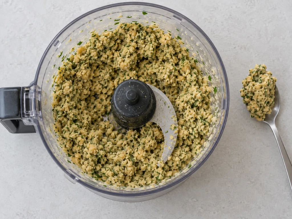 Coarse chickpea and parsley paste fills the food processor, with a cohesive clump on a spoon.