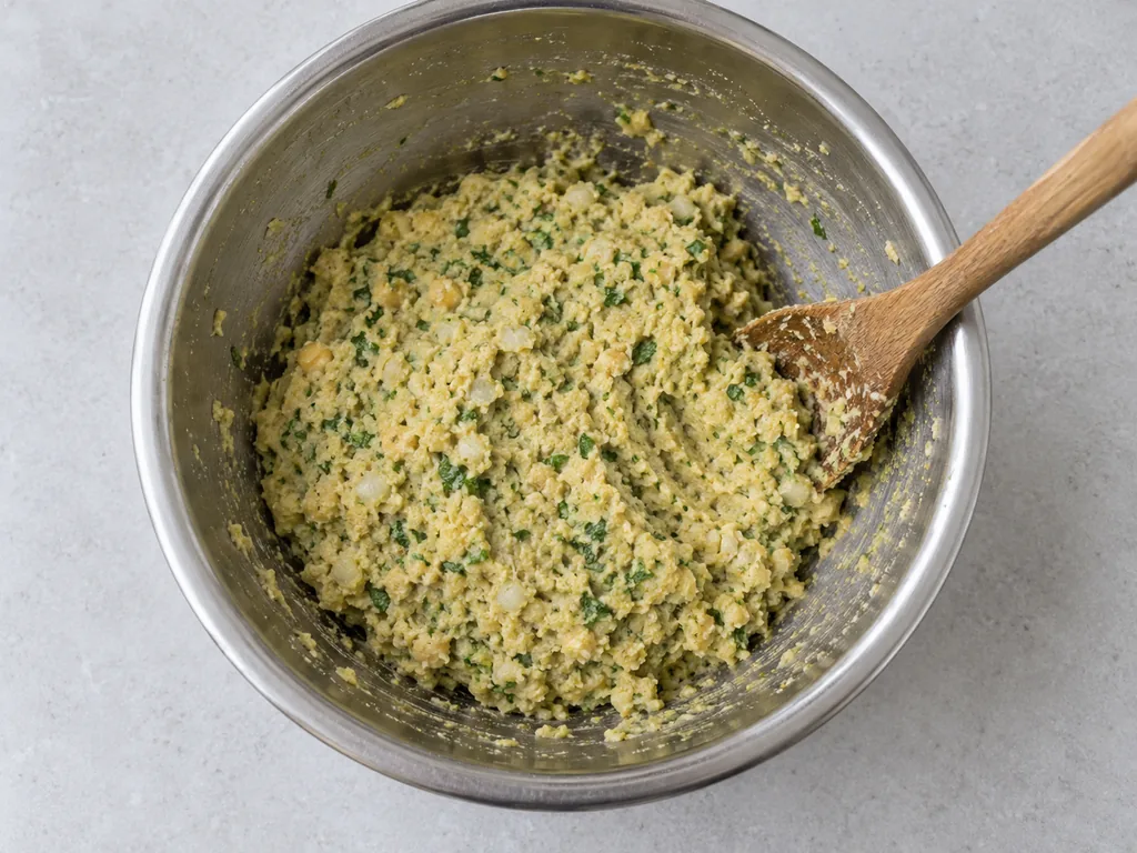 A wooden spoon rests against cohesive chickpea mixture flecked with parsley and onion in a mixing bowl.