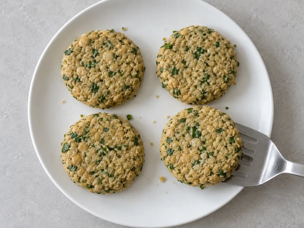 Four uncooked chickpea patties hold their shape on a plate, with a spatula beneath one.