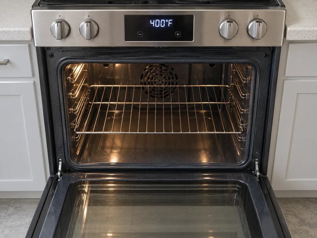 The oven display reads 400°F above an empty cavity with the middle rack in place.